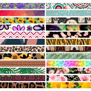 May include: A collection of thirty-two rectangular strips featuring diverse patterns including floral, animal print, geometric, abstract, and botanical designs in a wide variety of colors such as pink, green, yellow, blue, and black.