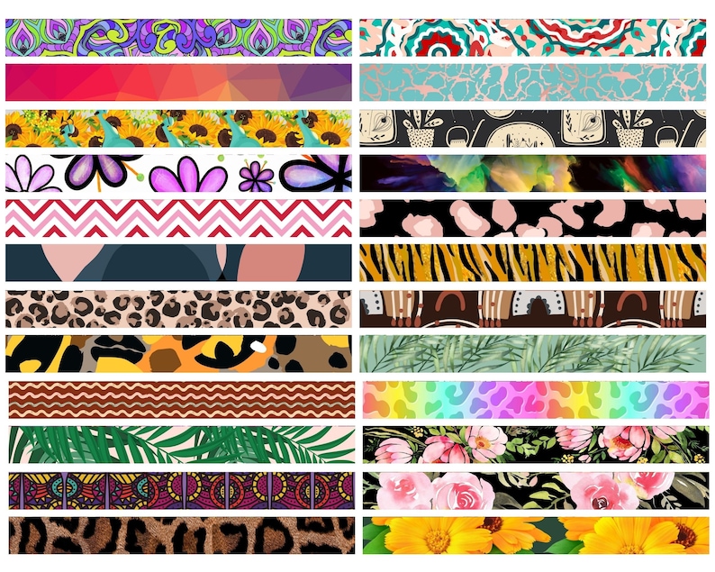 May include: A collection of thirty-two rectangular strips featuring diverse patterns including floral, animal print, geometric, abstract, and botanical designs in a wide variety of colors such as pink, green, yellow, blue, and black.