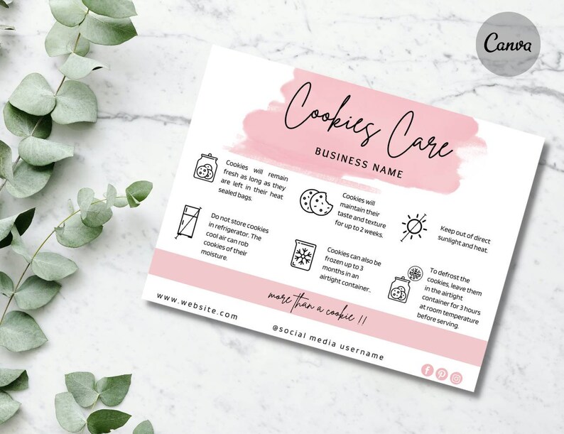 May include: A rectangular white card with a pink brushstroke header titled Cookies Care and Business Name. It features black line icons and text instructions for cookie storage, including freezing and defrosting, with website and social media placeholders.