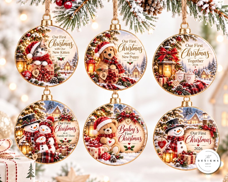 Peut inclure: Six boules de No&euml;l rondes pr&eacute;sentant des sc&egrave;nes festives avec un chaton, un chiot, un couple, une famille de trois, un ours en peluche et un bonhomme de neige. Chaque boule affiche du texte dont Our First Christmas et l'ann&eacute;e 2026.