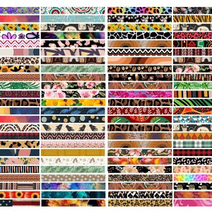 May include: A collection of numerous rectangular strips featuring a wide variety of patterns including animal prints, floral designs, geometric shapes, plaid, stripes, and abstract motifs in a diverse range of vibrant and neutral colors.