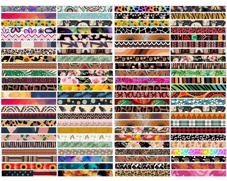 May include: A collection of numerous rectangular strips featuring a wide variety of patterns including animal prints, floral designs, geometric shapes, plaid, stripes, and abstract motifs in a diverse range of vibrant and neutral colors.
