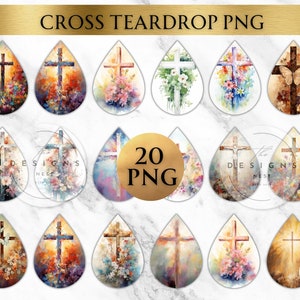 Könnte beinhalten: 20 digitale PNG-Bilder von Aquarell-Tropfen-Kreuzdesigns. Die Kreuze sind in verschiedenen Farben und Stilen gemalt, darunter floral, abstrakt und traditionell.