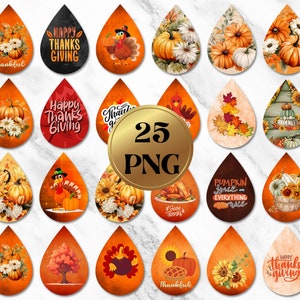 May include: A collection of 25 PNG Thanksgiving-themed teardrop designs. The designs feature pumpkins, sunflowers, turkeys, and fall foliage. Some designs include the phrases "Happy Thanksgiving" and "Thankful."