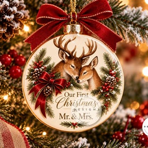 Peut inclure: Une d&eacute;coration de No&euml;l ronde en c&eacute;ramique illustrant deux cerfs qui se font des c&acirc;lins, orn&eacute;e de branches de pin, de baies rouges et d'un ruban rouge. Le texte indique Our First Christmas Mr. & Mrs. Un grand n&oelig;ud en velours rouge est fix&eacute; au sommet.