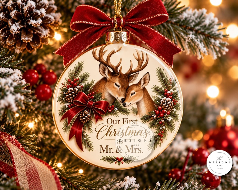 Peut inclure: Une d&eacute;coration de No&euml;l ronde en c&eacute;ramique illustrant deux cerfs qui se font des c&acirc;lins, orn&eacute;e de branches de pin, de baies rouges et d'un ruban rouge. Le texte indique Our First Christmas Mr. & Mrs. Un grand n&oelig;ud en velours rouge est fix&eacute; au sommet.