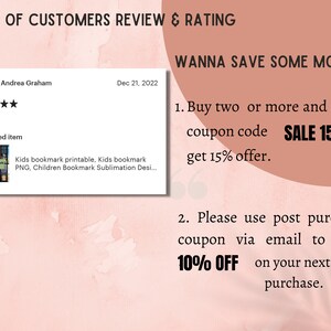 May include: A digital image with customer reviews and a promotional offer. The review section includes a customer's name and a five-star rating. The promotional text offers a 15% discount with the code SALE15 and a 10% off coupon.