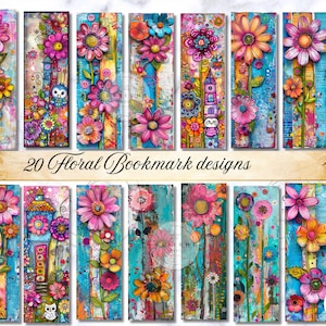 May include: A collection of 20 floral bookmark designs. Each bookmark features a vibrant, colorful floral design with a textured background. The bookmarks showcase various flowers in shades of pink, orange, and yellow, with the text "20 Floral Bookmark designs".