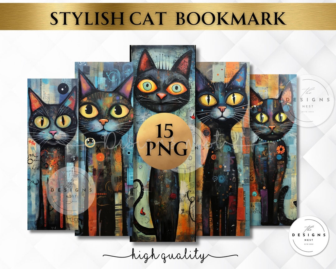 Bookmark PNG, Meow Printable Bookmarks, Mixed Media Cat Bookmark PNG ...