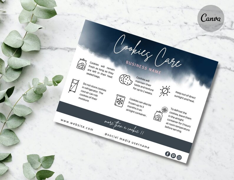 May include: A rectangular cookie care instruction card featuring a dark blue watercolor header with the text Cookies Care and BUSINESS NAME. The card includes icons and text explaining storage, freezing, and defrosting tips, with website and social media placeholders at the bottom.