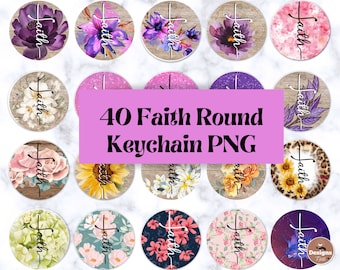 Peut inclure: Un ensemble de 40 images rondes, numériques et imprimables, présentant divers motifs floraux avec le mot « Foi » écrit sur chaque image. Les images sont parfaites pour créer des porte-clés, des ornements ou d'autres objets artisanaux.