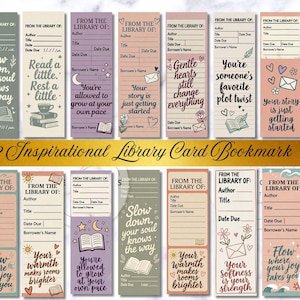 May include: A set of 22 inspirational library card bookmarks. Each bookmark features a unique design with quotes and illustrations. The color palette includes shades of green, pink, and purple. The text "22 Inspirational Library Card Bookmark" is displayed in gold.