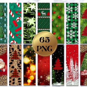 Op de afbeelding: Een verzameling digitale ontwerpen met een kerstthema. De ontwerpen omvatten kerstbomen, zuurstokken, sneeuwvlokken en de kerstman. De ontwerpen zijn in verschillende kleuren, waaronder groen, rood en wit. De afbeelding bevat de tekst "65 PNG".