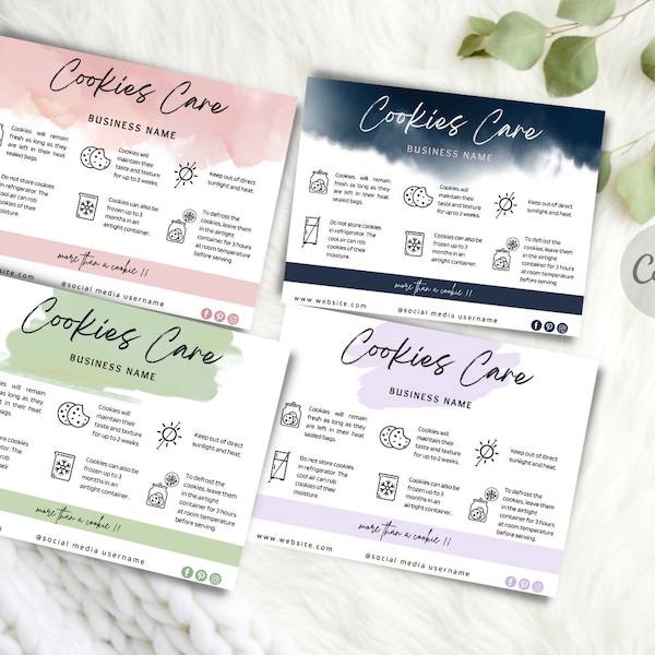 Editable Cookie Care Card in 4 styles, Printable Cookie Care Template, Bakery Care Guide, sugar cookie Care Instruction | Digital download