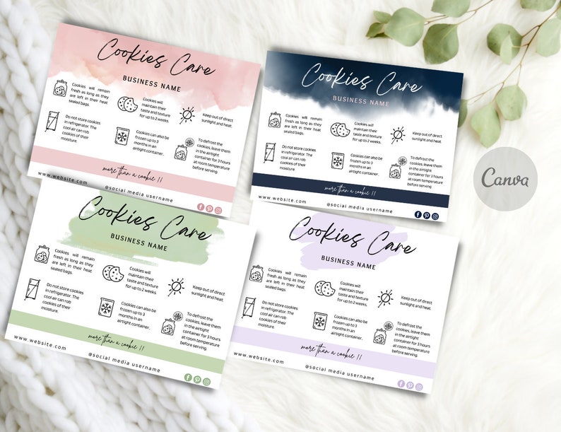 Puede incluir: Cuatro tarjetas cuadradas con instrucciones para el cuidado de las galletas. Cada tarjeta tiene un fondo de acuarela diferente: rosa, azul marino, verde y morado. El texto "Cookies Care" y "Business Name" est&aacute;n en la parte superior. Los iconos ilustran consejos de almacenamiento. El logotipo de Canva est&aacute; en la esquina.