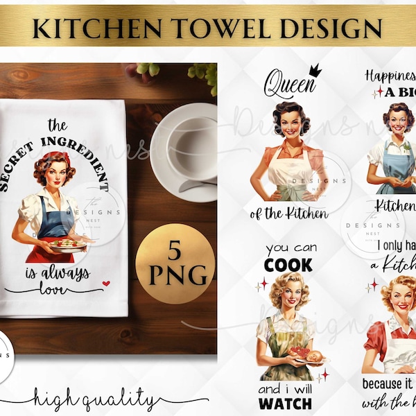 Vintage Kitchen Tea Towel Retro Sublimation | Kitchen Towel Bundle Sublimation Designs |  Designs | Vintage Tea Towels | Retro Kitchen PNG