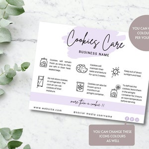 May include: A white rectangular cookie care instruction card featuring a light purple brushstroke background, black text, and icons. The card includes sections for business name, website, social media, and instructions for storage, freezing, and defrosting.