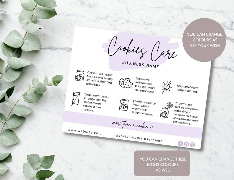 May include: A white rectangular cookie care instruction card featuring a light purple brushstroke background, black text, and icons. The card includes sections for business name, website, social media, and instructions for storage, freezing, and defrosting.