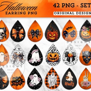May include: A collection of Halloween-themed earring PNG designs. The earrings feature various spooky illustrations, including skulls, ghosts, pumpkins, and bows. The designs are in orange, black, and white, with the text "Halloween EARRING PNG", "TRICK OR TREAT", and "Spooky".