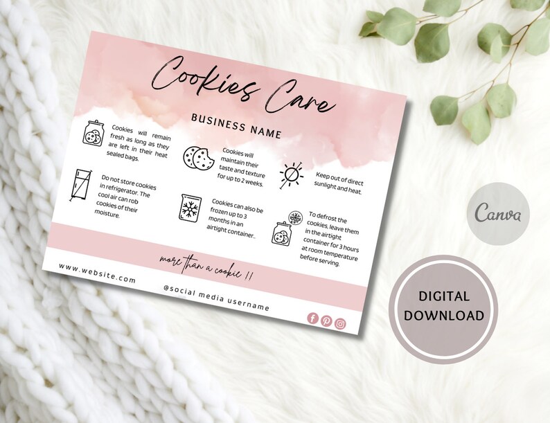 Puede incluir: Una gu&iacute;a rosa y blanca de Cookies Care con texto e ilustraciones. La gu&iacute;a incluye consejos sobre c&oacute;mo almacenar galletas, como guardarlas en recipientes herm&eacute;ticos y evitar la luz solar directa. Las palabras "DESCARGA DIGITAL" tambi&eacute;n son visibles.