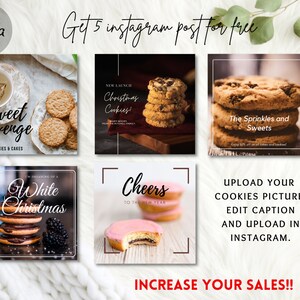 Puede incluir: Un gr&aacute;fico promocional con seis im&aacute;genes cuadradas de galletas. El texto incluye "sweet revenge", "Christmas Cookies" y "The Sprinkles and Sweets". El gr&aacute;fico tambi&eacute;n dice "Get 5 instagram post for free" y "Increase your sales!!"