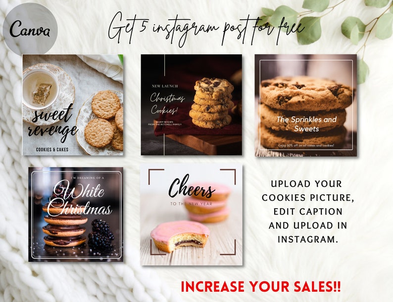 Puede incluir: Un gr&aacute;fico promocional con seis im&aacute;genes cuadradas de galletas. El texto incluye "sweet revenge", "Christmas Cookies" y "The Sprinkles and Sweets". El gr&aacute;fico tambi&eacute;n dice "Get 5 instagram post for free" y "Increase your sales!!"