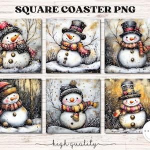 May include: Six digital images of square coasters featuring a snowman with a black top hat and red and white scarf. The snowmen are set against a wintery background with trees and snow.