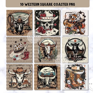 Op de afbeelding: Een verzameling van tien vierkante onderzetters met een Western-thema. Elke onderzetter heeft een uniek ontwerp, waaronder een stier, cowboyhoeden, laarzen en een schedel met een cowboyhoed. De onderzetters hebben een vintage, rustieke uitstraling met een neutraal kleurenpalet.