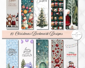 May include: A collection of ten Christmas-themed bookmark designs. Each bookmark features unique watercolor illustrations, including snowmen, Santa Claus, Christmas trees, and festive text. The designs incorporate various color palettes and holiday elements.