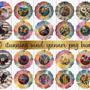 Puede incluir: Un conjunto de 40 diseños coloridos de molinetes de viento con varios temas, incluyendo animales, naturaleza e imágenes patrióticas. Los molinetes son circulares y tienen un diseño en capas, similar a un arcoíris.