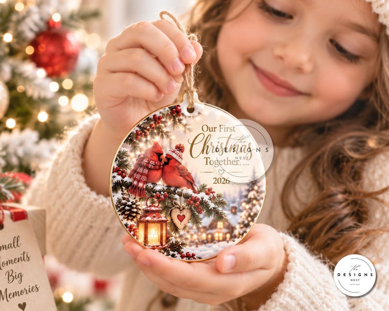 Peut inclure: Une d&eacute;coration de No&euml;l ronde en c&eacute;ramique illustrant deux cardinaux rouges sur une branche de pin enneig&eacute;e avec une lanterne et un ornement en forme de c&oelig;ur. Le texte indique Our First Christmas Together 2026. Suspendue par une ficelle.