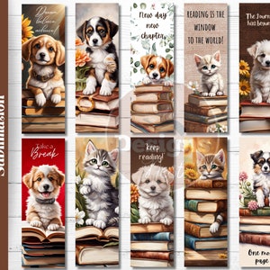 Cute Puppy and Kitten Bookmark Designs, PNG Printable (Digital Download)