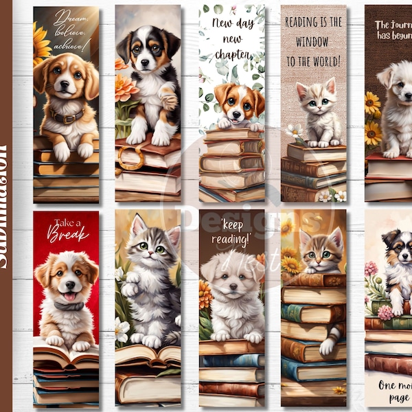 Cute Dog Bookmark Sublimation Designs, puppy and kitten bookmark PNG, Cat Printable Bookmark Wrap Template, Cute bookmarks