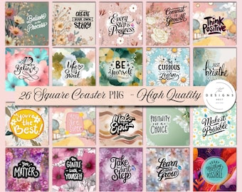 Peut inclure: Un ensemble de 26 dessous de verre carrés avec des motifs floraux et des citations inspirantes. Les dessous de verre affichent des phrases telles que "Believe", "Be Yourself" et "Make it Possible". Le texte "26 Square Coaster PNG - High Quality" est également présent.