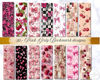 Pink Cherry Bookmark Bundle, Girly Coquette (Instant Download PNG Set 2x6 inches