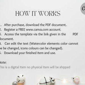 Puede incluir: Un fondo blanco con el texto "HOW IT WORKS" y pasos numerados que detallan c&oacute;mo usar una plantilla digital. Los pasos incluyen la descarga de un PDF, el registro de una cuenta de Canva y el acceso a la plantilla. La imagen tambi&eacute;n incluye el logotipo de Canva y adornos decorativos.