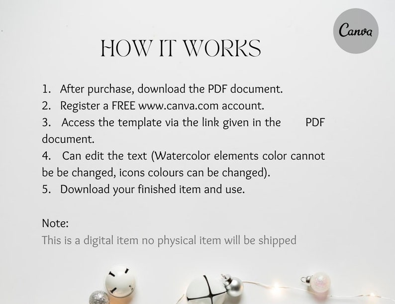 Puede incluir: Un fondo blanco con el texto "HOW IT WORKS" y pasos numerados que detallan c&oacute;mo usar una plantilla digital. Los pasos incluyen la descarga de un PDF, el registro de una cuenta de Canva y el acceso a la plantilla. La imagen tambi&eacute;n incluye el logotipo de Canva y adornos decorativos.