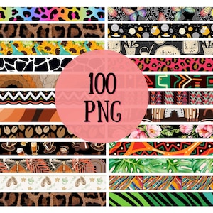 May include: A digital collection of 100 PNG files featuring diverse horizontal patterns including leopard print, sunflowers, coffee beans, butterflies, geometric shapes, tropical leaves, and abstract designs with the text 100 PNG centered.
