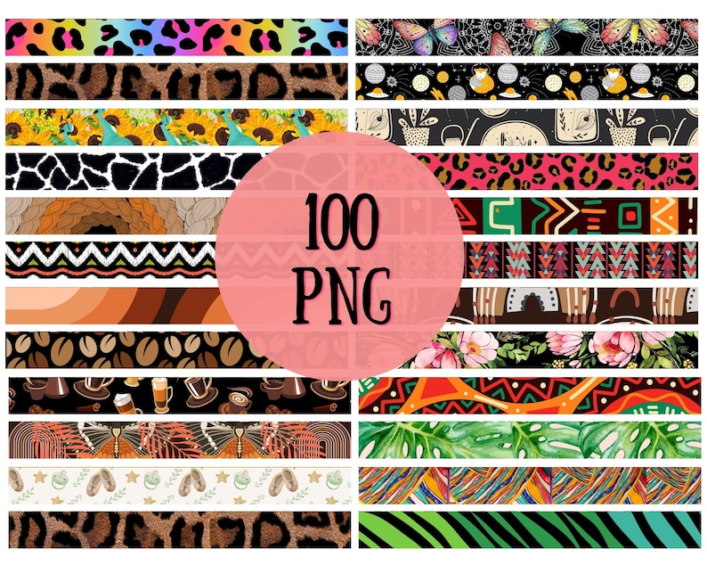 May include: A digital collection of 100 PNG files featuring diverse horizontal patterns including leopard print, sunflowers, coffee beans, butterflies, geometric shapes, tropical leaves, and abstract designs with the text 100 PNG centered.