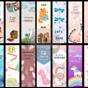 May include: A collection of colorful bookmarks with various illustrations and text. Designs include a bear with a teddy bear, a sloth, a fox reading, a dinosaur, and an elephant. Text includes "Spread your wings & fly" and "Let's Read".