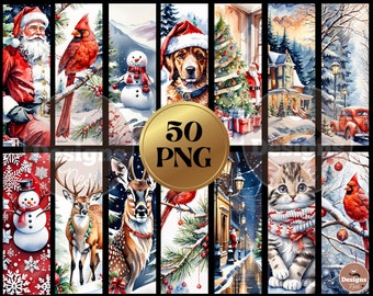 May include: A collection of watercolor illustrations featuring Christmas and winter themes. Santa Claus, a cardinal, a snowman, a dog in a Santa hat, a decorated Christmas tree, a snowy house, a red car, a deer, a cat, and a snowy street are depicted.