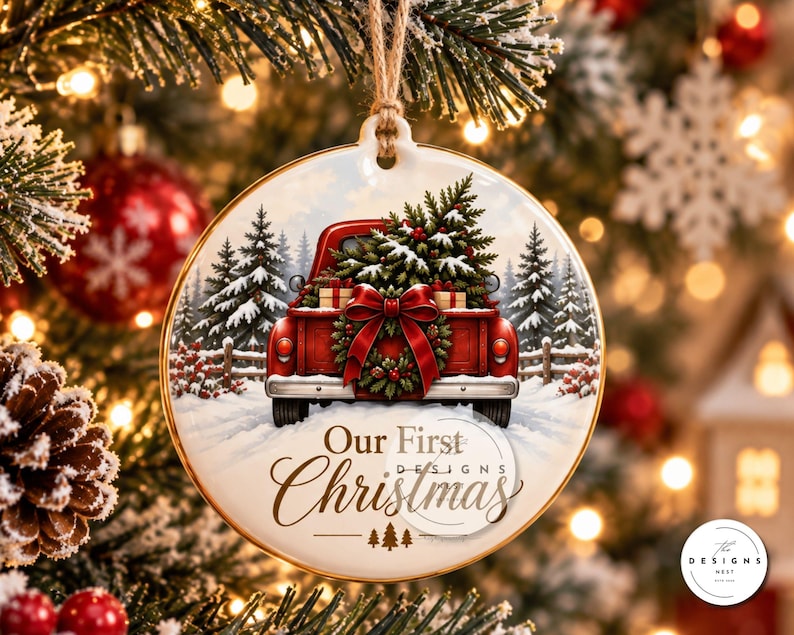 Peut inclure: Une d&eacute;coration de No&euml;l ronde en c&eacute;ramique blanche illustrant un pick-up rouge transportant un sapin enneig&eacute;. Un grand n&oelig;ud rouge orne le hayon. Le texte Our First Christmas est inscrit avec trois petits sapins en dessous. Suspension en corde.