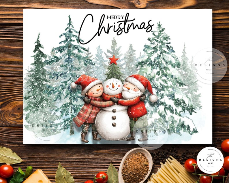 Puede incluir: Tarjeta de Navidad con un mu&ntilde;eco de nieve abrazado por dos figuras con ropa de invierno, sobre un fondo de bosque nevado. Las palabras "Merry Christmas" est&aacute;n escritas arriba. El logotipo de The Designs Nest es visible.