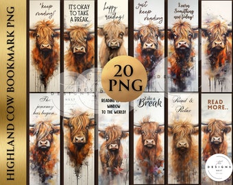 20 Watercolor Highland Cow Printable Bookmarks |PNG bookmark sublimation | Calf bookmark set