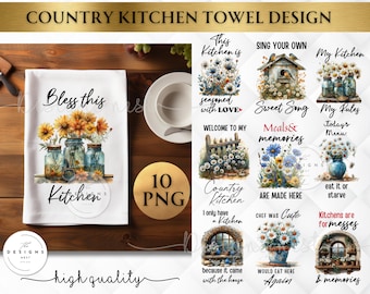Könnte beinhalten: Ein Set mit 10 digitalen Küchentuchdesigns mit ländlichen Illustrationen und Texten. Die Designs beinhalten Sätze wie "Bless this Kitchen", "This Kitchen is seasoned with LOVE", "Sweet Song Meals & memories" und "Kitchens are for messes & memories".
