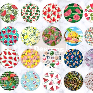 May include: A collection of 35 round car coasters with various summer-themed designs. The coasters feature images of watermelons, lemons, flamingos, ice cream, and tropical leaves. The text "35 Summer Car Coaster PNG" is visible.
