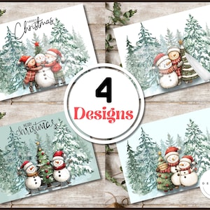 Puede incluir: Cuatro dise&ntilde;os de tarjetas navide&ntilde;as con mu&ntilde;ecos de nieve y ni&ntilde;os en una escena de bosque nevado. Cada tarjeta tiene una ilustraci&oacute;n diferente, con la frase "Merry Christmas" en algunas. Las tarjetas est&aacute;n sobre un fondo de madera.