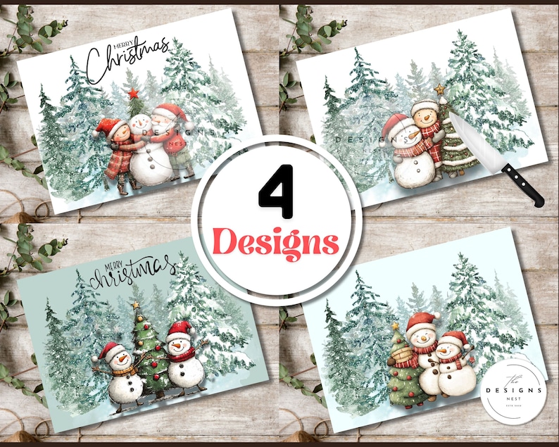Puede incluir: Cuatro dise&ntilde;os de tarjetas navide&ntilde;as con mu&ntilde;ecos de nieve y ni&ntilde;os en una escena de bosque nevado. Cada tarjeta tiene una ilustraci&oacute;n diferente, con la frase "Merry Christmas" en algunas. Las tarjetas est&aacute;n sobre un fondo de madera.