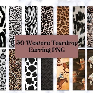 May include: A collection of 50 Western Teardrop Earring PNG designs. The designs feature various animal prints like zebra, leopard, and cowhide, along with cowboy-themed illustrations. The color palette includes black, white, brown, and tan.