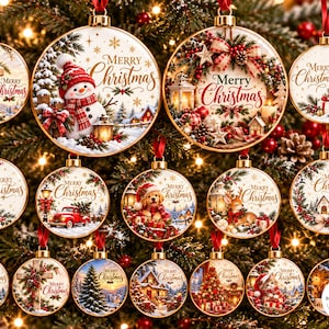 Peut inclure: Une collection de boules de Noël rondes présentant diverses illustrations de fêtes, notamment des bonhommes de neige, des rennes, des chiots, des chatons et des paysages hivernaux, avec le texte Merry Christmas et un ruban rouge.